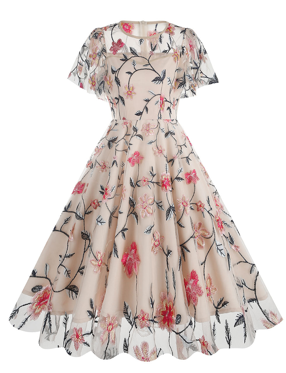 Lake Blue Semi Mesh Rose Embroidered Short Sleeve 50s Swing Dress, Apricot / L