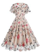Load image into Gallery viewer, Lake Blue Semi Mesh Rose Embroidered Short Sleeve 50S Swing Dress