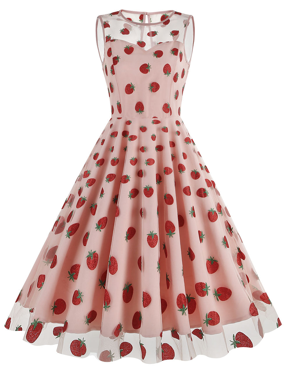 strawberry mesh dress Women Ruffle Lolita Shiny Mesh Dress Strawberry Off Shoulder Puff Sleeve  Fairy