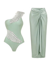Load image into Gallery viewer, Royal Blue One Shoulder Beaded Feather One Piece Monokini with Draped Twist Sarong Maxi Skirt Swimsuit Set