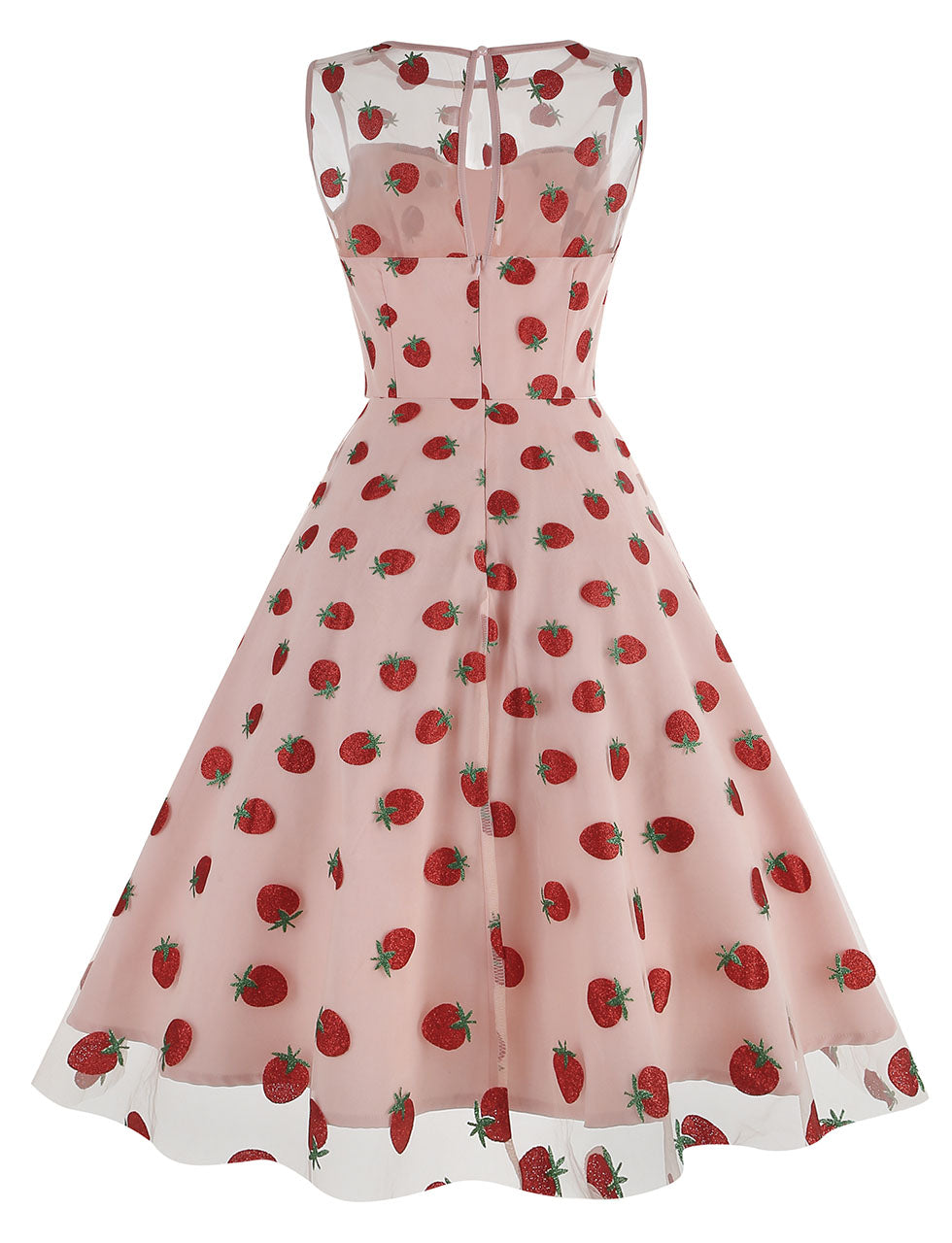 mesh strawberry dress Summer, Pink Mesh, Strawberry Sequins, Flounce Lace, Short Sleeve V-neck Holiday Midi Dress