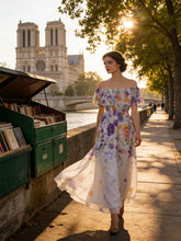 Load image into Gallery viewer, Women's Purple Off-Shoulder Chiffon Dress with Ruffle Trim and Side Slit