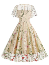Load image into Gallery viewer, Wine Red Semi Mesh Flower Embroidered Short Sleeve 50S Swing Dress