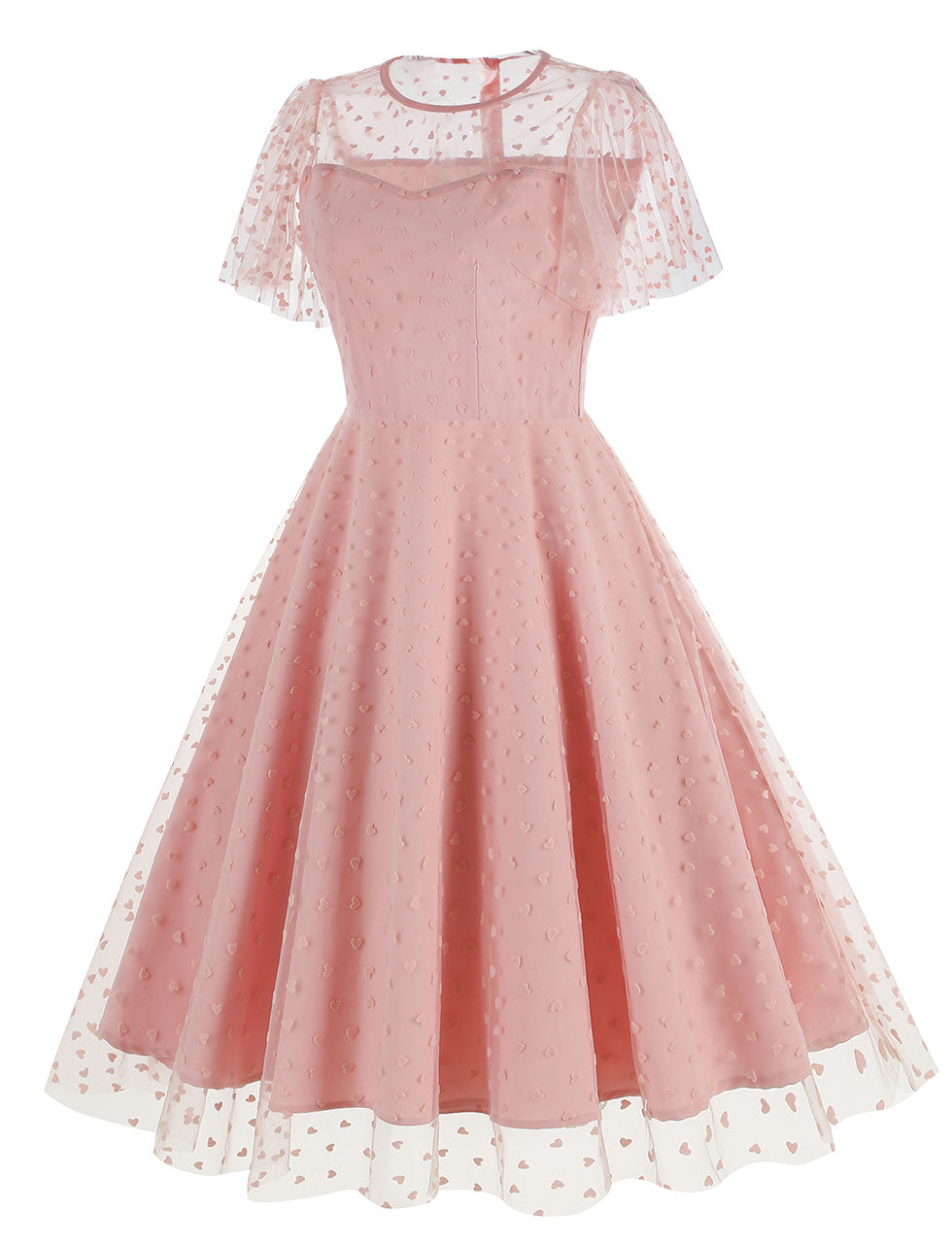 pink 1950s dress Pink Semi Mesh Sweet Heart Embroidered Short Sleeve 50S Swing Dress, Pink / L