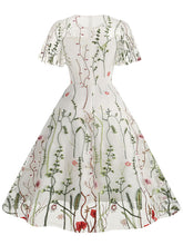 Load image into Gallery viewer, Wine Red Semi Mesh Flower Embroidered Short Sleeve 50S Swing Dress