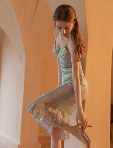 V Neck Sequined Mermaid Dress With Straps