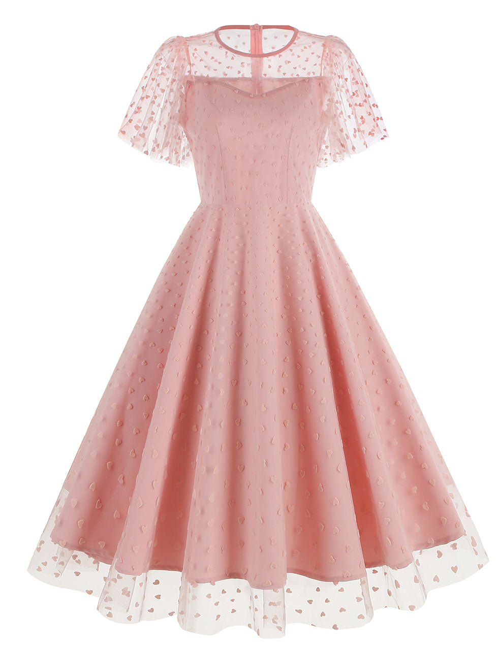 Pink Semi Mesh Sweet Heart Embroidered Short Sleeve 50S Swing Dress, Pink / L Pink Semi Mesh Sweet Heart Embroidered Short Sleeve 50S Swing Dress, Pink / L