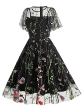 Load image into Gallery viewer, Wine Red Semi Mesh Flower Embroidered Short Sleeve 50S Swing Dress