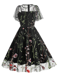 Wine Red Semi Mesh Flower Embroidered Short Sleeve 50S Swing Dress
