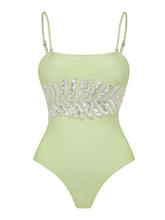 Load image into Gallery viewer, Mint Green Sequin Leaf Embroidered One Piece Bodysuit with Ruched Draped Sarong Maxi Skirt