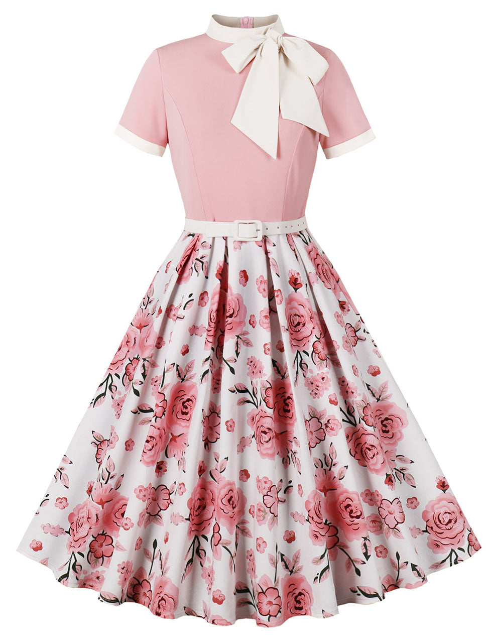 pink 1950s dress Vintage 1950s Midi Dress For Women - Bow Tie Neck Printed A-Line Swing Dress