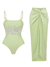 Load image into Gallery viewer, Mint Green Sequin Leaf Embroidered One Piece Bodysuit with Ruched Draped Sarong Maxi Skirt
