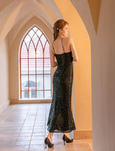 Load image into Gallery viewer, Black Sequined Split Sexy Bodycon Maxi Party Dress With Straps