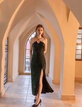 Load image into Gallery viewer, Black Sequined Split Sexy Bodycon Maxi Party Dress With Straps