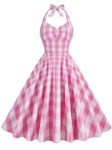 Pink And White Barbie Same Style Plaid Halter Classis Style 1950S Vintage Dress