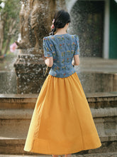 Load image into Gallery viewer, Navy Cotton Embroidered Top and 1950s Yellow Vintage Skirt Suit Inspired by Snow White