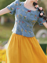 Load image into Gallery viewer, Navy Cotton Embroidered Top and 1950s Yellow Vintage Skirt Suit Inspired by Snow White