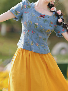 Navy Cotton Embroidered Top and 1950s Yellow Vintage Skirt Suit Inspired by Snow White