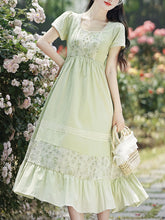 Load image into Gallery viewer, Green Square Collar Short Sleeve Vintage Fairy Lace Dress