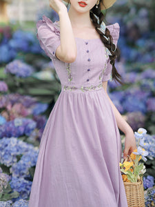 Purple Square Collar Butterfly Sleeve Vintage Fairy Dress