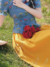 Load image into Gallery viewer, Navy Cotton Embroidered Top and 1950s Yellow Vintage Skirt Suit Inspired by Snow White