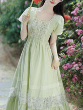 Load image into Gallery viewer, Green Square Collar Short Sleeve Vintage Fairy Lace Dress