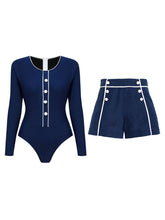 Load image into Gallery viewer, Women's Navy One-Piece Long Sleeve Swimsuit with Detachable Shorts Swimwear Set