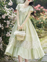 Load image into Gallery viewer, Green Square Collar Short Sleeve Vintage Fairy Lace Dress