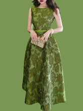 Load image into Gallery viewer, Green Luxury Rose High Waist Swing Vintage Dress With Pockets