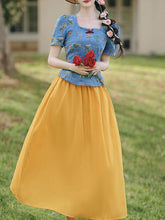 Load image into Gallery viewer, Navy Cotton Embroidered Top and 1950s Yellow Vintage Skirt Suit Inspired by Snow White