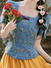 Load image into Gallery viewer, Navy Cotton Embroidered Top and 1950s Yellow Vintage Skirt Suit Inspired by Snow White