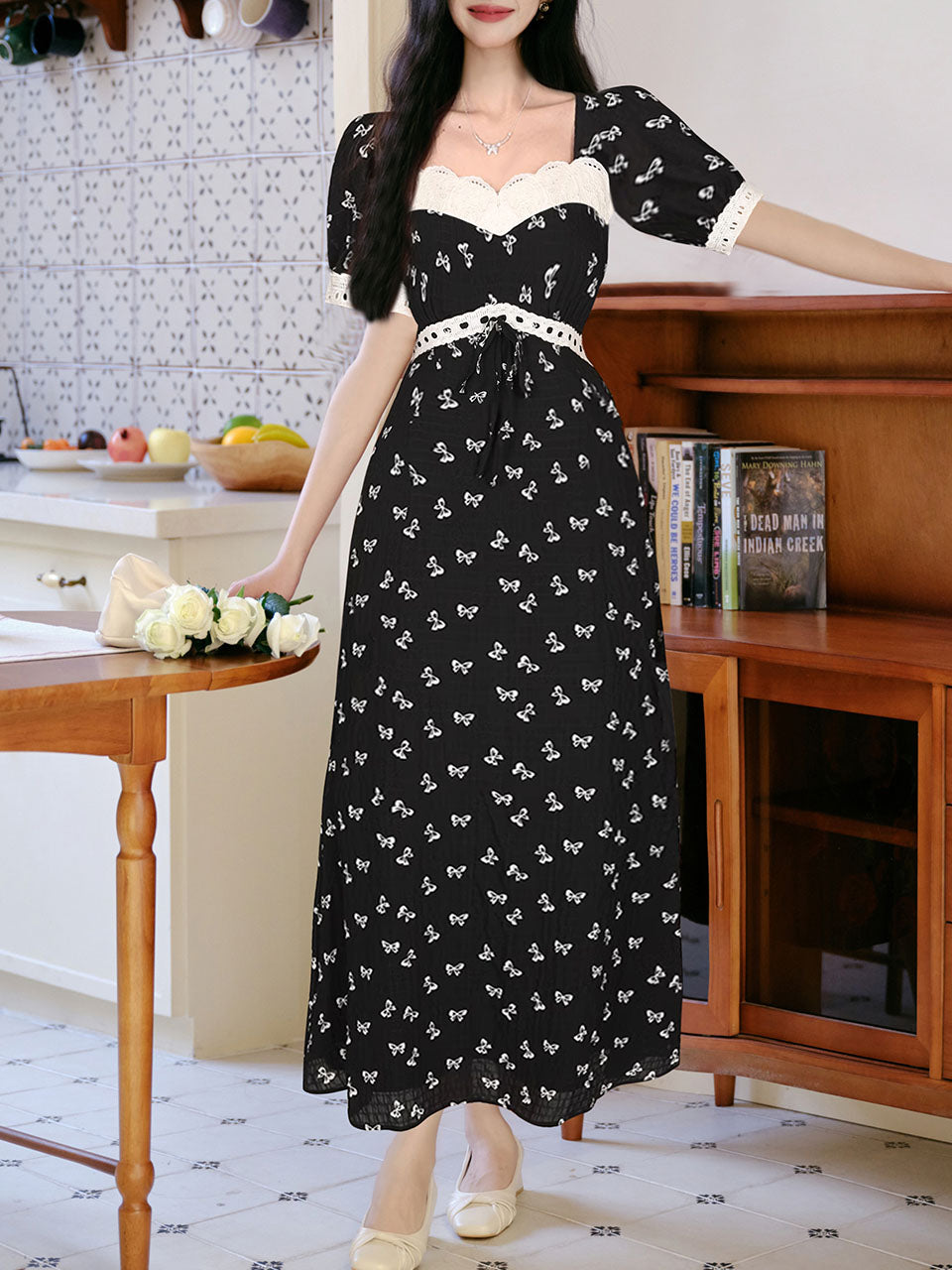 Black Bow Lace Square Neck Regency Dress, Purple / XS Black Bow Lace Square Neck Regency Dress, Purple / XS