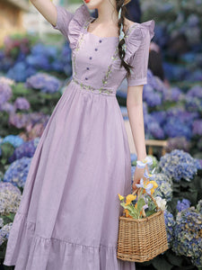 Purple Square Collar Butterfly Sleeve Vintage Fairy Dress