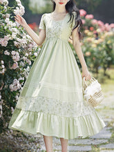 Load image into Gallery viewer, Green Square Collar Short Sleeve Vintage Fairy Lace Dress