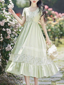 Green Square Collar Short Sleeve Vintage Fairy Lace Dress