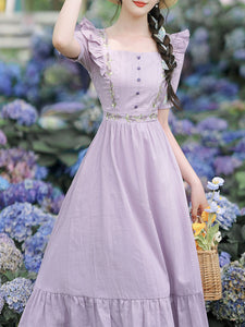 Purple Square Collar Butterfly Sleeve Vintage Fairy Dress