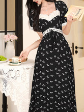 Load image into Gallery viewer, Black Bow Lace Square Neck Regency Dress
