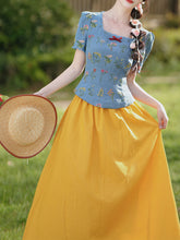 Load image into Gallery viewer, Navy Cotton Embroidered Top and 1950s Yellow Vintage Skirt Suit Inspired by Snow White