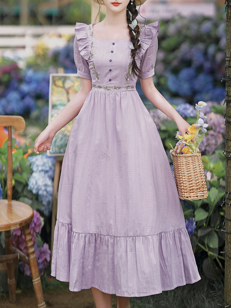Purple Square Collar Butterfly Sleeve Vintage Fairy Dress