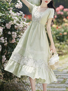 Green Square Collar Short Sleeve Vintage Fairy Lace Dress