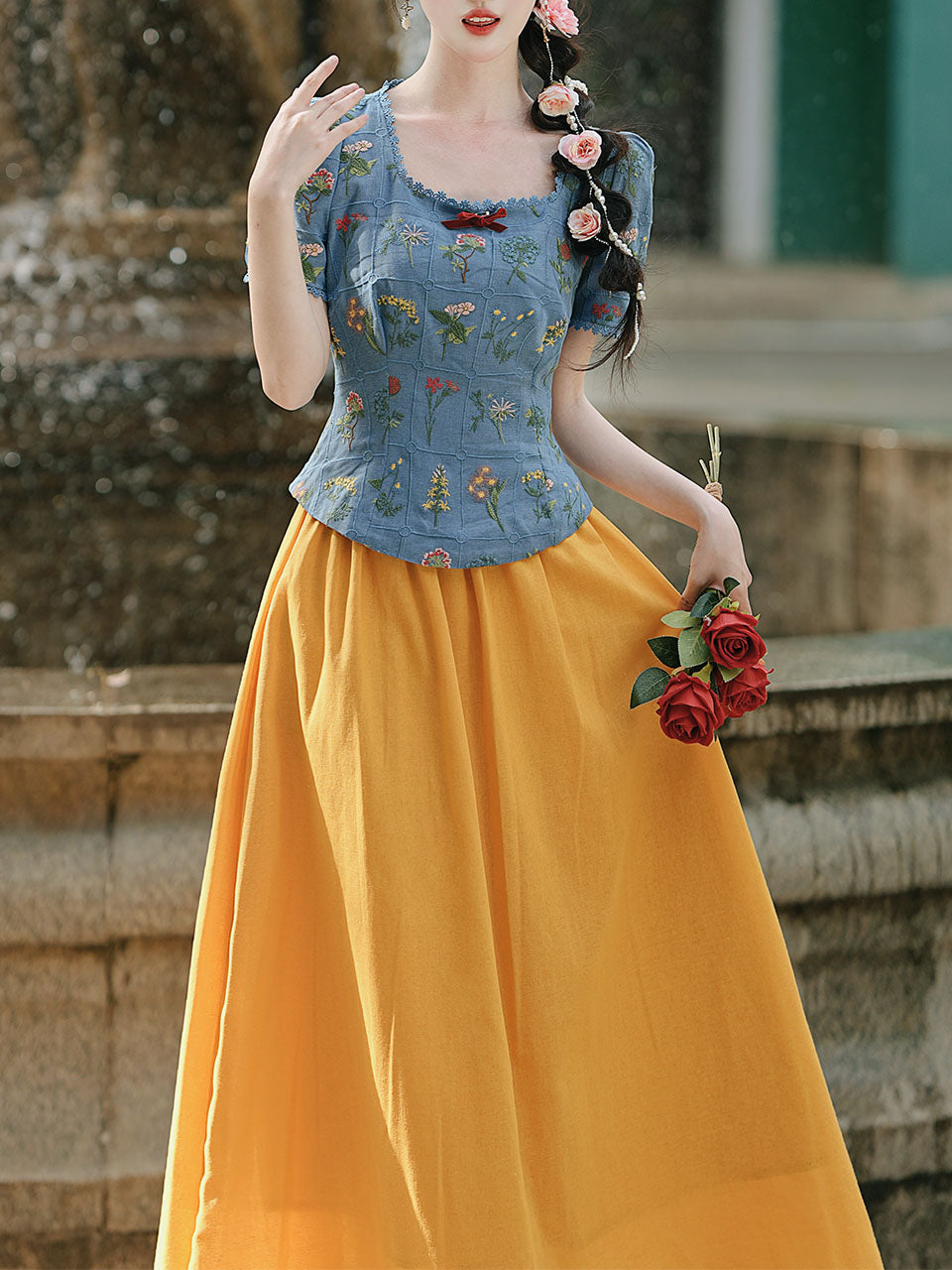 Navy Cotton Embroidered Top and 1950s Yellow Vintage Skirt Suit Inspired by Snow White, Yellow / M