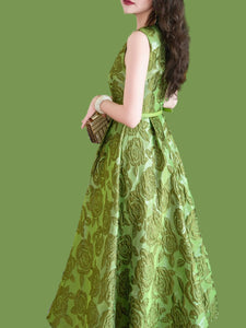 Green Luxury Rose High Waist Swing Vintage Dress With Pockets