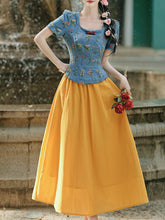 Load image into Gallery viewer, Navy Cotton Embroidered Top and 1950s Yellow Vintage Skirt Suit Inspired by Snow White