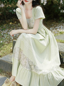 Green Square Collar Short Sleeve Vintage Fairy Lace Dress
