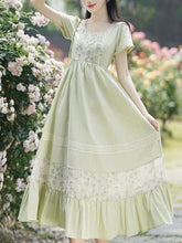 Load image into Gallery viewer, Green Square Collar Short Sleeve Vintage Fairy Lace Dress
