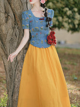 Load image into Gallery viewer, Navy Cotton Embroidered Top and 1950s Yellow Vintage Skirt Suit Inspired by Snow White