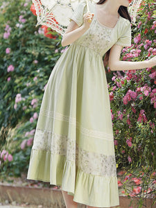 Green Square Collar Short Sleeve Vintage Fairy Lace Dress