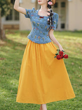 Load image into Gallery viewer, Navy Cotton Embroidered Top and 1950s Yellow Vintage Skirt Suit Inspired by Snow White