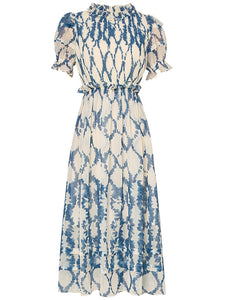 Blue Floral Print Puff Sleeve Organza 1950S Dress