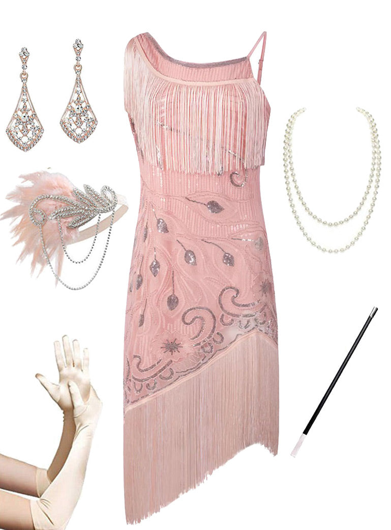 Pink Sweet Gatsby Glitter Fringe 1920s Flapper Dress Set, Pink / S